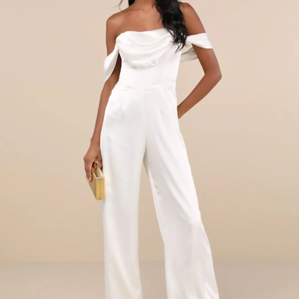 Lulus Unbelievable Aura White Satin Off-the-shoulder Jumpsuit - Size M - Picture 1 of 1